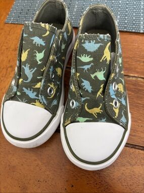 Children's Olive Canvas Slip-On Sneakers with Multicolor Dinosaur Print